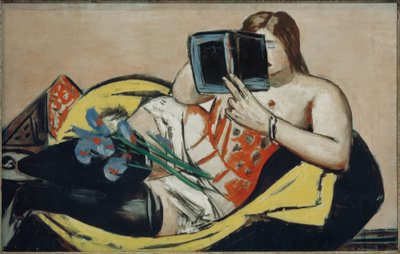 Liggende kvinne med bok og iris av Max Beckmann