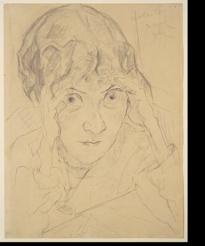 Portrett av Fridel Battenberg med hodet hvilende i begge hender av Max Beckmann