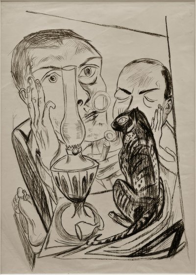 Selvportrett med katt og lampe av Max Beckmann