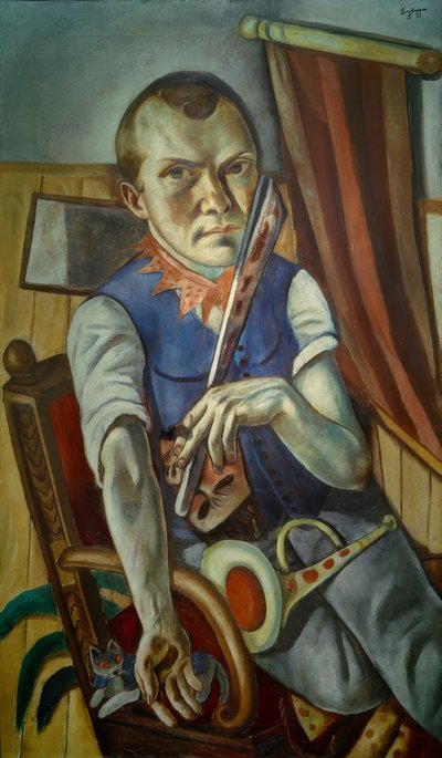 Selvportrett med barneseng og trompet (selvportrett som klovn) av Max Beckmann