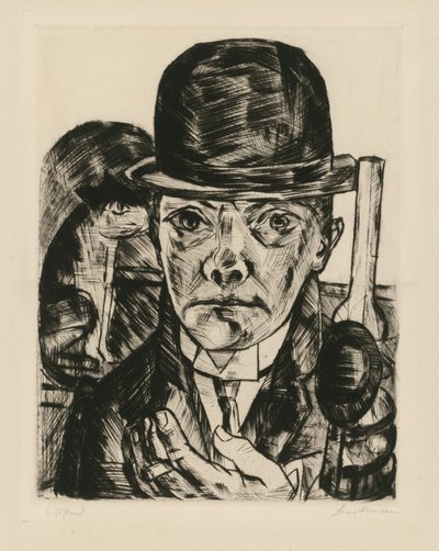Selvportrett med stiv hatt av Max Beckmann