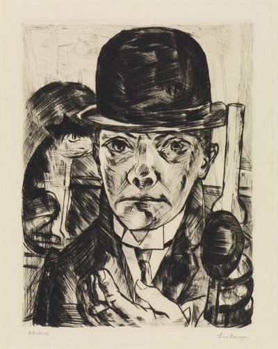 Selvportrett med stiv hatt av Max Beckmann