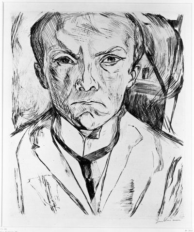 Selvportrett forfra, med en husgavl i bakgrunnen av Max Beckmann