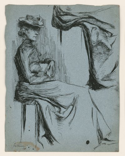 Sittende kvinne med hatt, i profil mot høyre, og detaljstudie av kjolen hennes av Max Beckmann