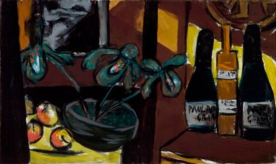 Stilleben på brunt og gult (champagneflasker og orkideer) av Max Beckmann