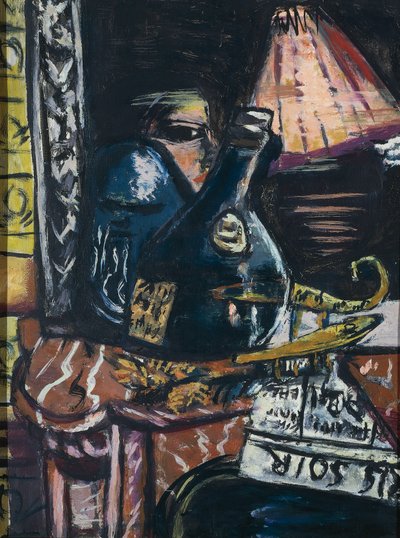 Fortsatt liv med skjev snapseflaske og Buddha av Max Beckmann