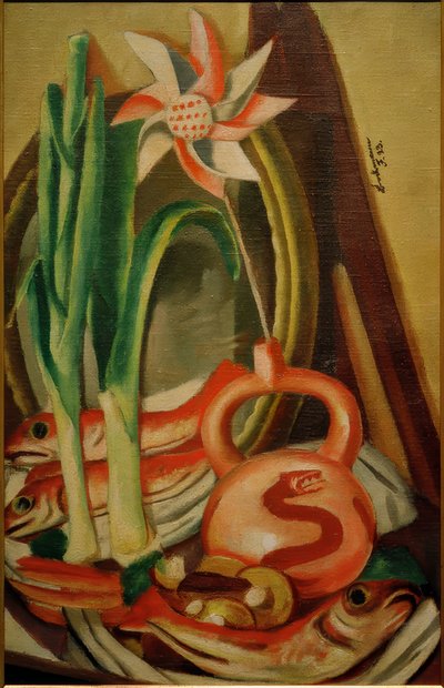 Stilleben med fisk og papirblomst av Max Beckmann