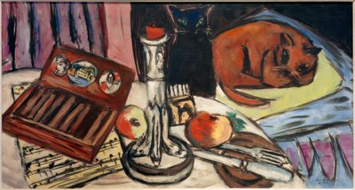 Stilleben med sølvlysestaker (stilleben med katter) av Max Beckmann