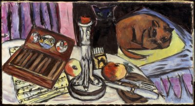 Stilleben med sølvlysestaker (stilleben med katter) av Max Beckmann