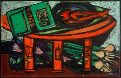 Stilleben med grønn bok og reddiker av Max Beckmann