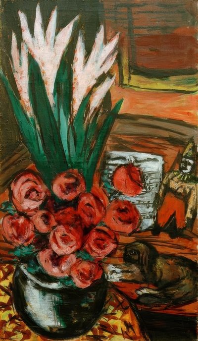 Stilleben med røde roser og butchy av Max Beckmann