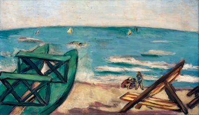 Strand med båt og fluktstol av Max Beckmann