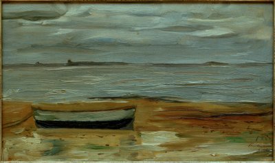 Strand med grå båt og grått hav av Max Beckmann