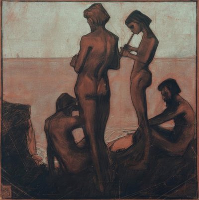 Fire unge menn ved havet (Unge menn ved havet - Fire mannsfigurer ved havet) av Max Beckmann