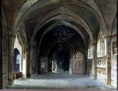 Dekorasjon for "" Die Meistersinger"" eller "" Les maitres singteurs de Nuremberg", opera av Richard Wagner. Scenografi av Bruckner, Act I. Wagner Museum Bayreuth. av Max Bruckner