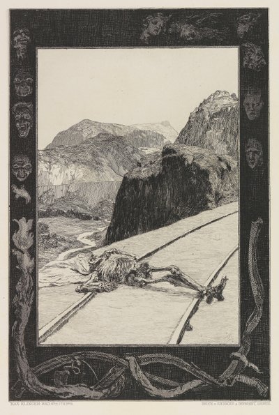 On the Tracks, plate 8 fra porteføljen On Death, Part I, Opus XI, 1897. av Max Klinger