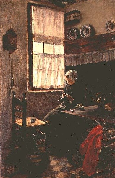 En ung kvinne som strikker i et interiør av Max Liebermann