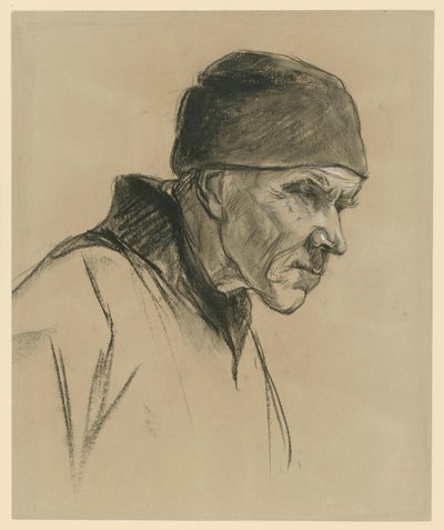 Gammel mann med lue (brystbilde, profil mot høyre), studie til: Gående bonde (1894) av Max Liebermann