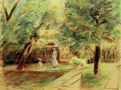 Barnebarn med barnepike foran hekkehager av Max Liebermann