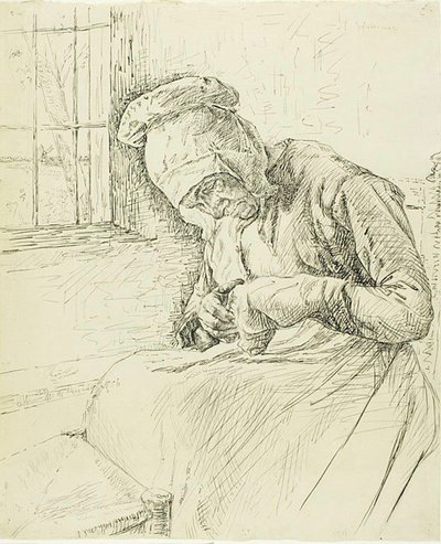 Gammel kvinne reparerer ved vinduet av Max Liebermann