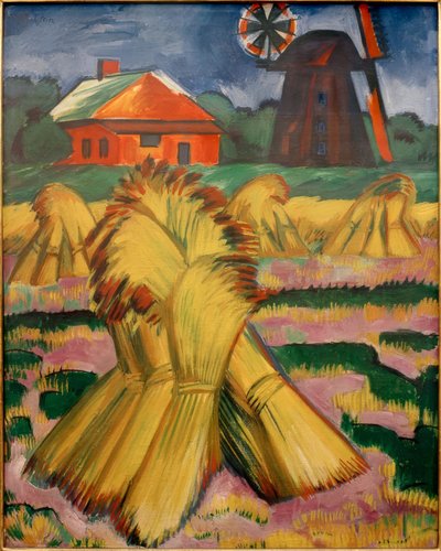 Kornhocken vor rotem Haus und Windmühle von Max Pechstein