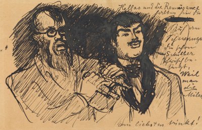 Drei Lenbach-Karikaturen: a) Brustbild; b) Ganzfigur; c) zusammen mit Stuck av Max Slevogt