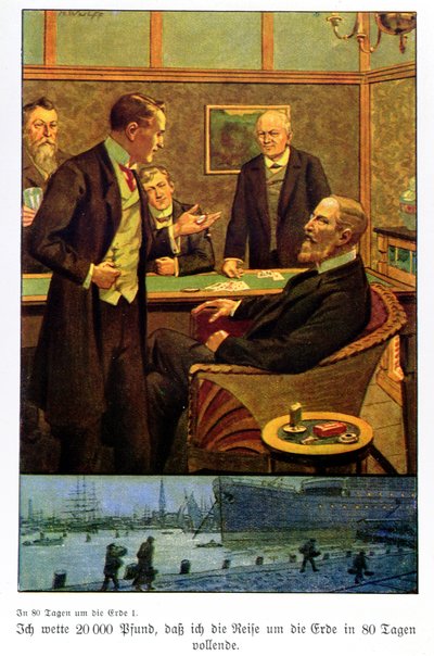 Phileas Fogg tar veddemålet i Reform Club om at han kan reise verden rundt på 80 dager, illustrasjon fra en utgave publisert i Berlin av Max Wulff