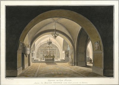 Interiør i Den hellige gravs kirke på stedet for Golgata, 1821 av Maxim Nikiphorovich Vorobyev