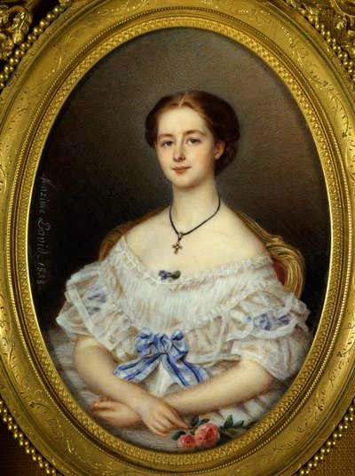 Portrett av kvinne med blått bånd Maleri av Maxime David (1800-tallet) 1858 Paris, Dekorativ kunst. av Maxime David