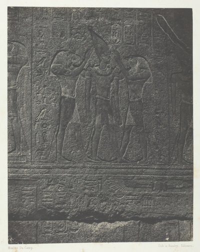 Karnak-palasset, utvendige skulpturer av granittreservatet, Theben, 184951, trykt 1852. av Maxime Du Camp