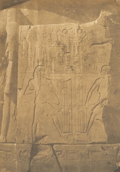 Beleiring av den monolittiske kolossen til Amenhotep III, ved Theben. Detaljer om utskjæringene, 1849-50. av Maxime Du Camp
