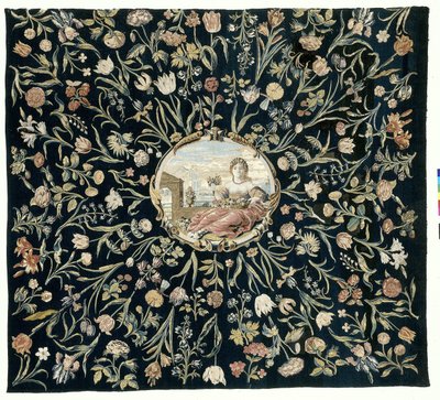 borddeksel Duk med personifiseringen av Flora og et blomstermønster av Maximiliaan van der Gucht (possibly)