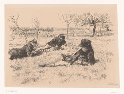 Tre menn hviler på en eng av Maximilien Luce (signed by artist)