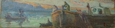 Elvelandskap med lekter og båter av Maximilien Luce