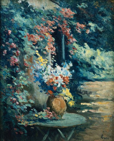 Blomster i et landskap; Bukett med blomster i et landskap, av Maximilien Luce
