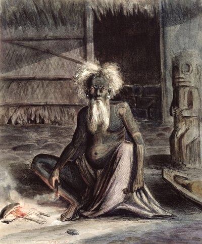 Gammel mann fra Tahiti satt i nærheten av en Tiki, ca. 1841-48 (penn og blekk og wc på papir) av Maximilien Radiguet