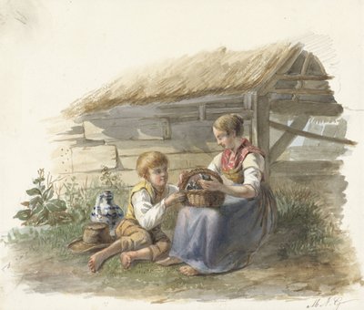 Jente og gutt med en kurv med ungfugler av Maximilienne Guyon