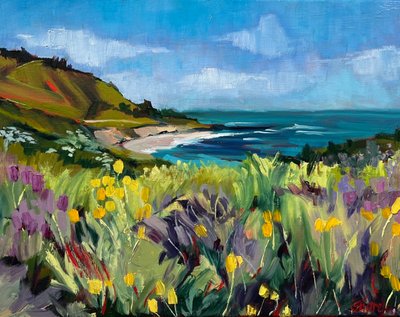 Blomstring av ville blomster langs kysten av Maxine Shore
