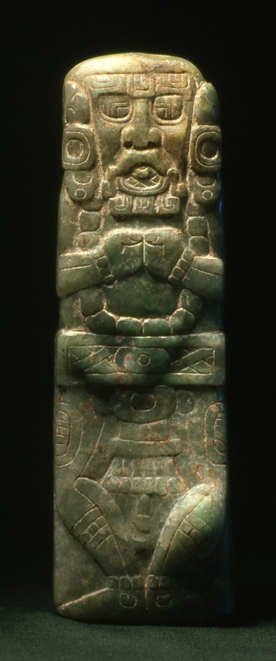 Statuett plassert i dedikasjon ned Hieroglyphic Stairway, Copan, Late Classic Period (600-900) (jade) av Mayan