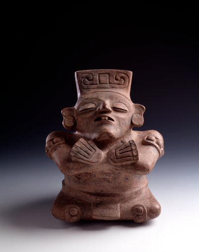 Precolombiansk kunst, Maya sivilisasjon, klassisk periode: antropomorf leirvase som viser en sittende karakter, ben og armer krysser ansiktet snur oppover. Fra La Lagunita, Quiche, Guatemala Sun. h. 25 x bredde 21,5 cm Guatemala, Museo Nazionale di Archeol av Mayan Mayan