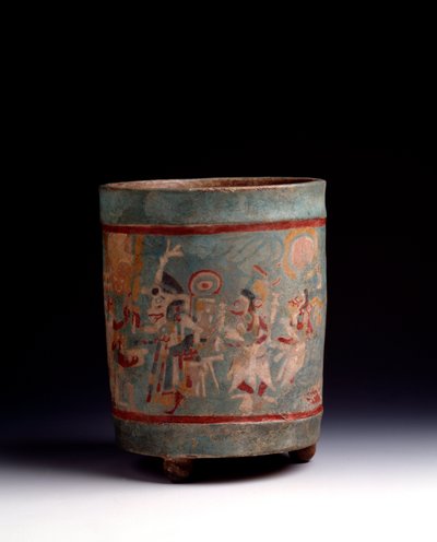 Precolombiansk kunst, Maya sivilisasjon, klassisk periode: sylindrisk vase i polykrom leire dekorerer en seremoniell scene med karakterer i prosesjon. Fra La Lagunita, Quiche, Guatemala. Sol. h. 24,1 x diam. 18,5 cm Guatemala, Museo Nazionale di Archeolo av Mayan Mayan