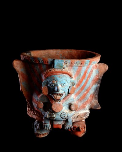 Precolombiansk kunst, Maya-sivilisasjon, postklassisk periode: stativvase med leirøkelse dekorert med et hode. Fra Nebaj, Quiche, Guatemala Sun. h. 25 x bredde 23,8 cm Guatemala, Museo Nazionale di Archeologia e Etnologia - førkolumbiansk kunst, Maya Civil av Mayan Mayan
