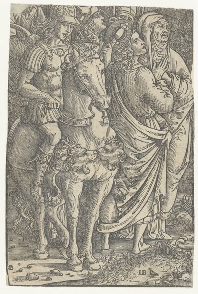 Fragment av en korsfestelse med evangelisten Johannes og Maria og soldater av Meester IB met de vogel