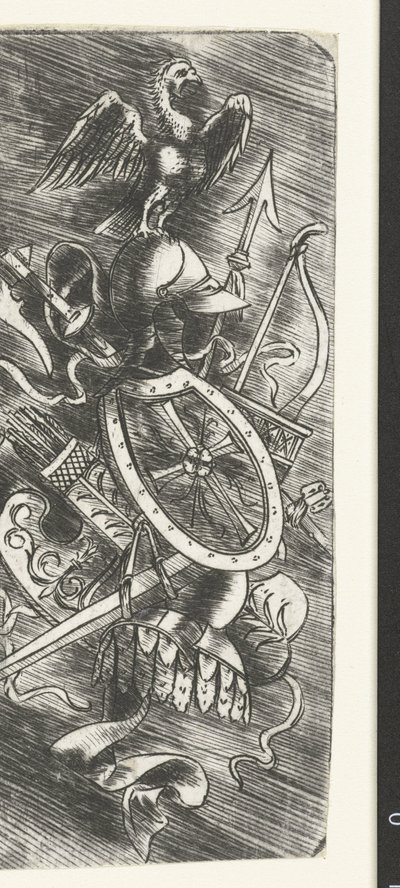 Ørn på toppen av våpentrofeer inkludert forskjellige våpen av Meester van 1515
