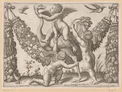 Tre putti og en struts Tapisserier av paven (serietittel) Tapezzerie de Papa (serietittel på objekt) av Meester van de Dobbelsteen