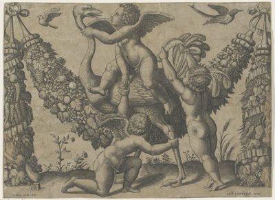 Tre putti med en struts Tapestries of the Pope av Raphael (serietittel) av Meester van de Dobbelsteen
