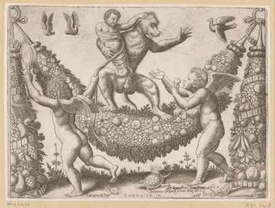 Putti håner en ape Tapetries of the Pope (serietittel) Tapezzerie de Papa (serietittel på objekt) av Meester van de Dobbelsteen