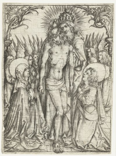 Tilbedelse av den hellige treenighet av Maria, evangelisten Johannes og engler av Meester van het Amsterdamse Kabinet