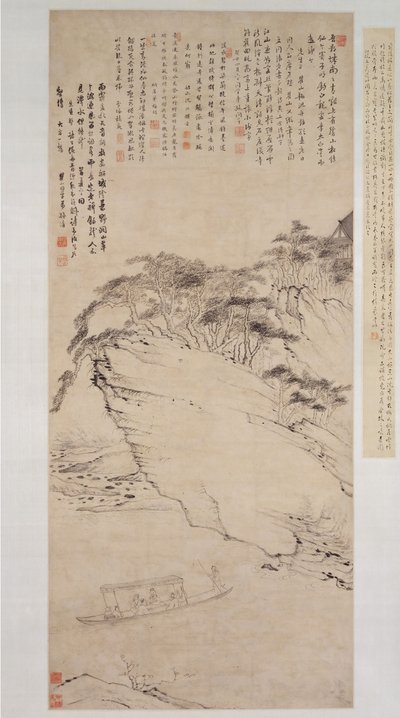Båtliv på en elv under en klippe, datert til 1673. av Mei Qing