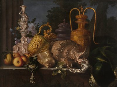 Stilleben, skjell og gullsmed. Maleri av Meiffren Conte (1630-1705). Olje på lerret. Mål: 91x121cm. Obligatorisk omtale: Collection fondation regards de Provence, Marseille av Meiffren (c.1630 1705) Conte